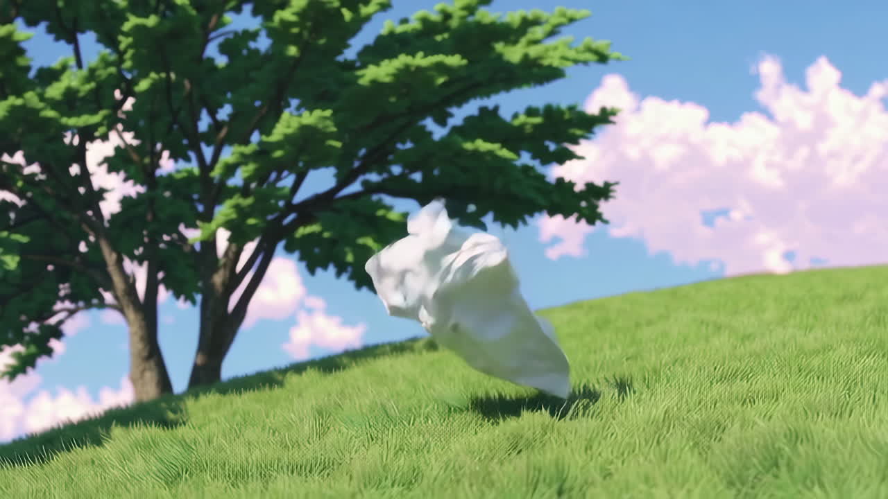 White Cloth Flying Over a Hillside Meadow near a Tree