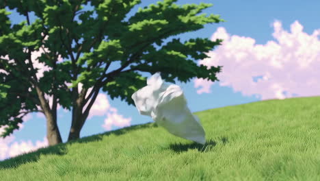 white cloth flying over a hillside meadow near a tree
