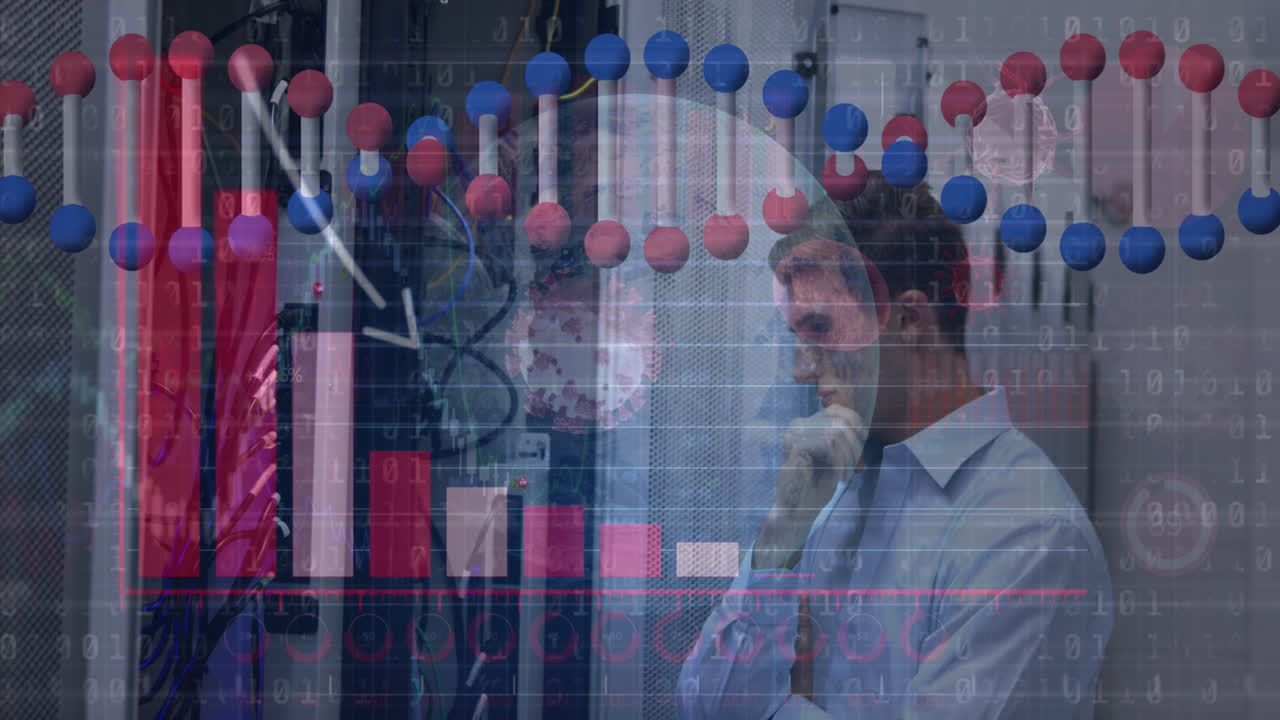 Animation of data processing and dna strand over caucasian male worker in server room