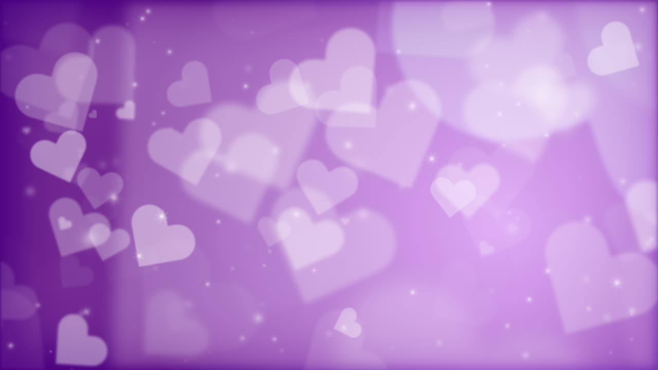 Floating white particles bokeh hearts on romantic soft blurred looped background. Greeting animated card with empty space for text.
