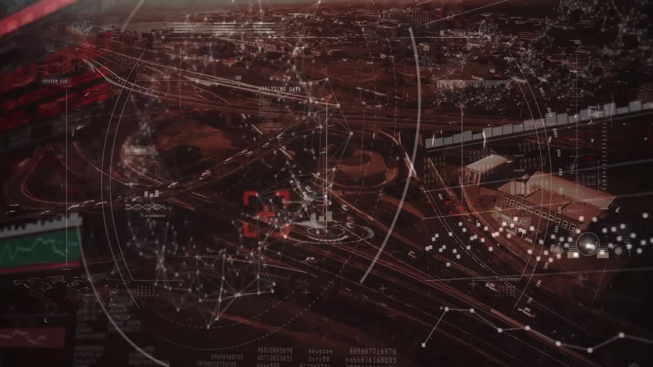 Animation of network of connections over cityscape