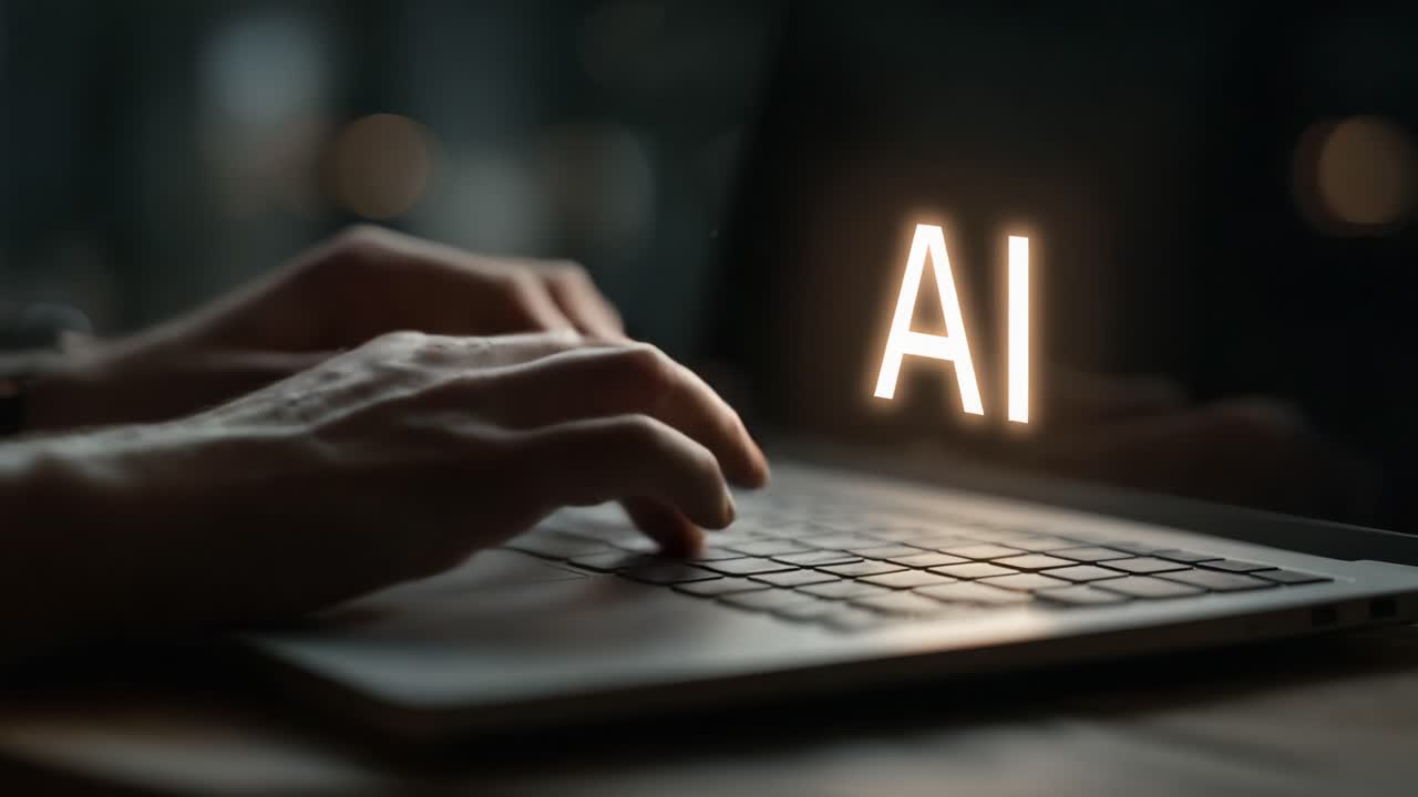 Fingers Tapping on a Laptop Keyboard While Illuminated Text 'AI' Highlights the Growing Influence of Artificial Intelligence in Everyday Life