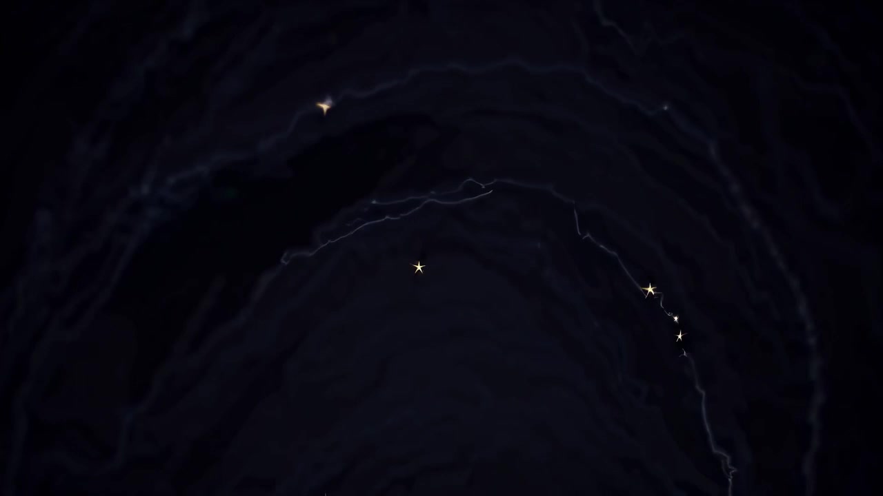 黑暗隧道的空拍影片，帶有發光星星，營造出神秘沉浸式氛圍