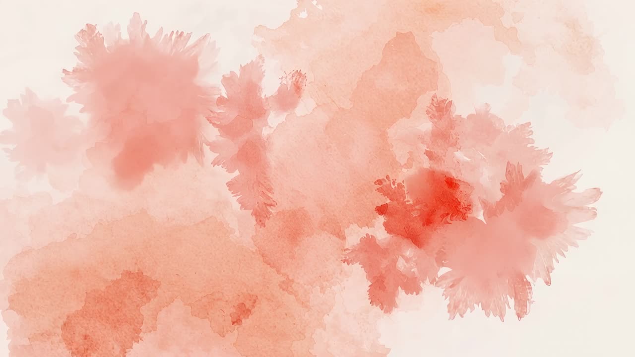 Blooming coral-peach blotches spreading from pigment drop on off-white paper, feathered granulation