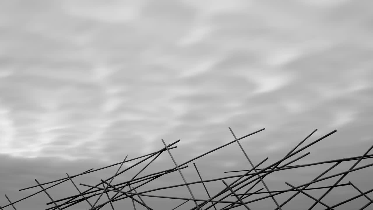 Time-lapse de nuvens em movimento sobre andaimes de bambu abstratos em preto e branco