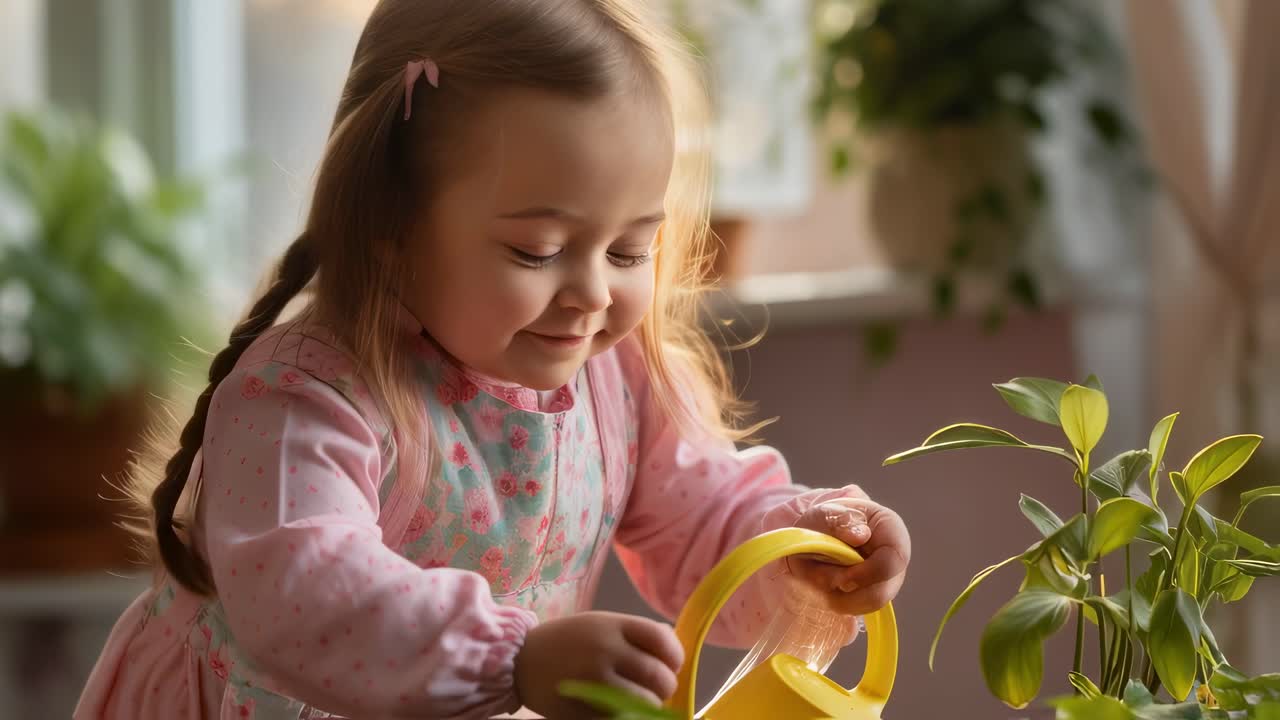 Little Girl Watering Plants