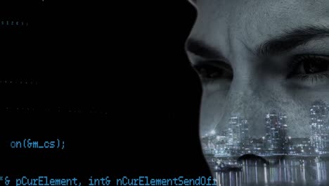 animación de la cara del hombre caucásico sobre el procesamiento de datos en fondo negro