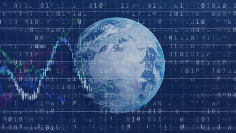 animation of diagrams and binary coding with globe over blue background