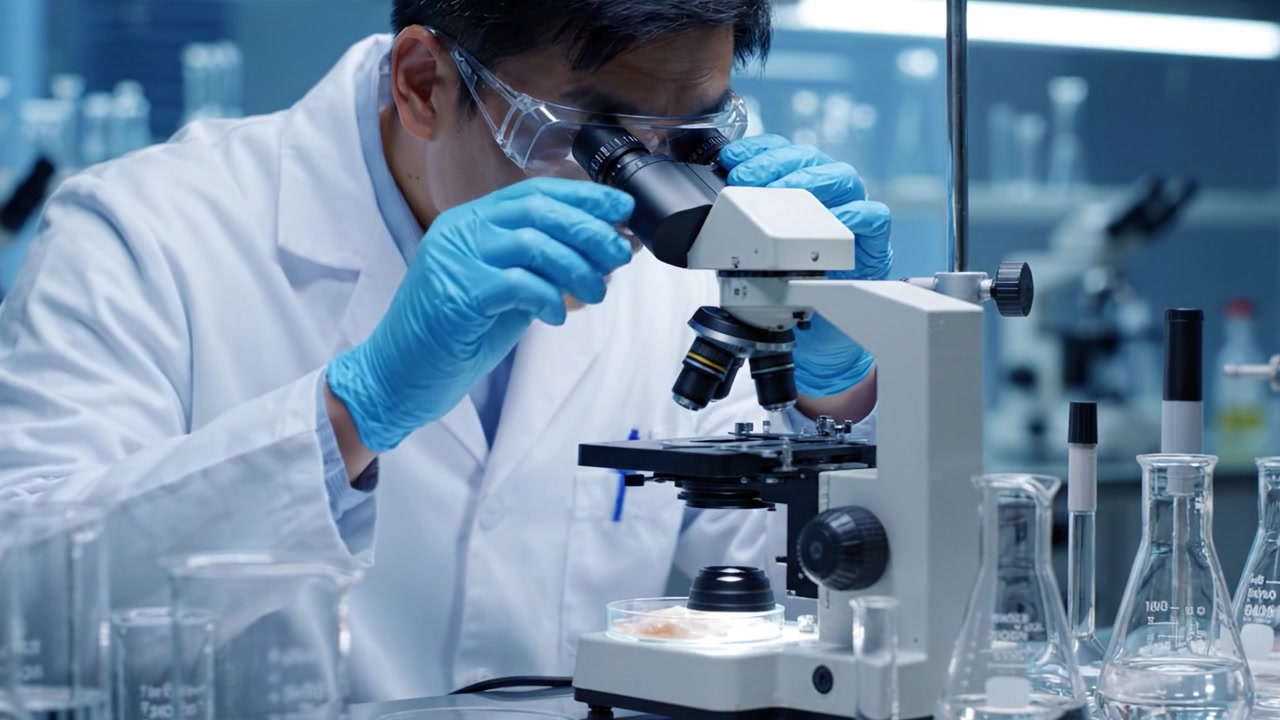Scientist Investigating Samples Under Microscope in Modern Laboratory Setting, Focusing on Precision and Detail for Scientific Research and Discoveries