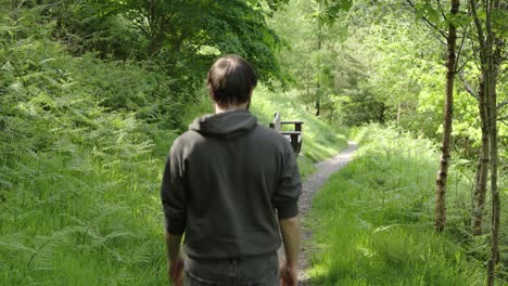 Hombre-Caminando-Por-Un-Sendero-Forestal-Hacia-Un-Banco-En-Cámara-Lenta---Tiro-De-Seguimiento