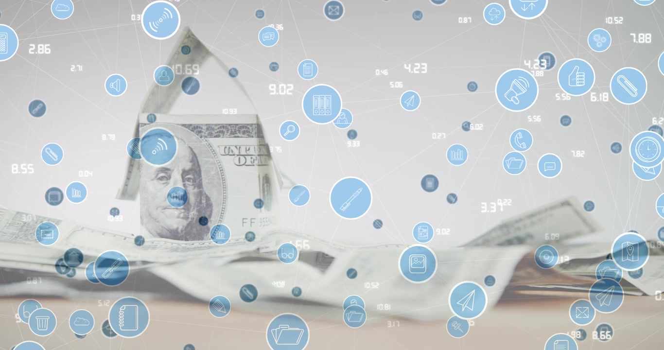 Animation af et netværk af forbindelser med ikoner over amerikanske dollar-sedler
