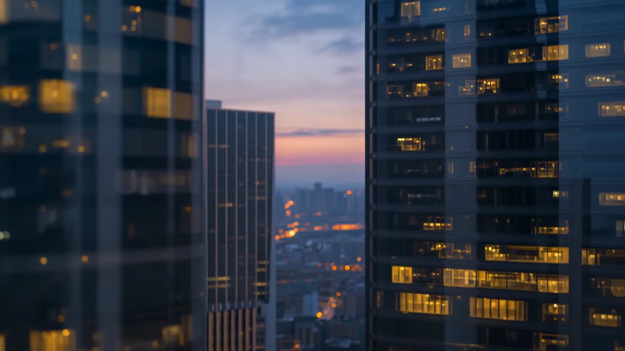 Camera shifting focus between towers showing lit windows on right tower flickering in twilight sky