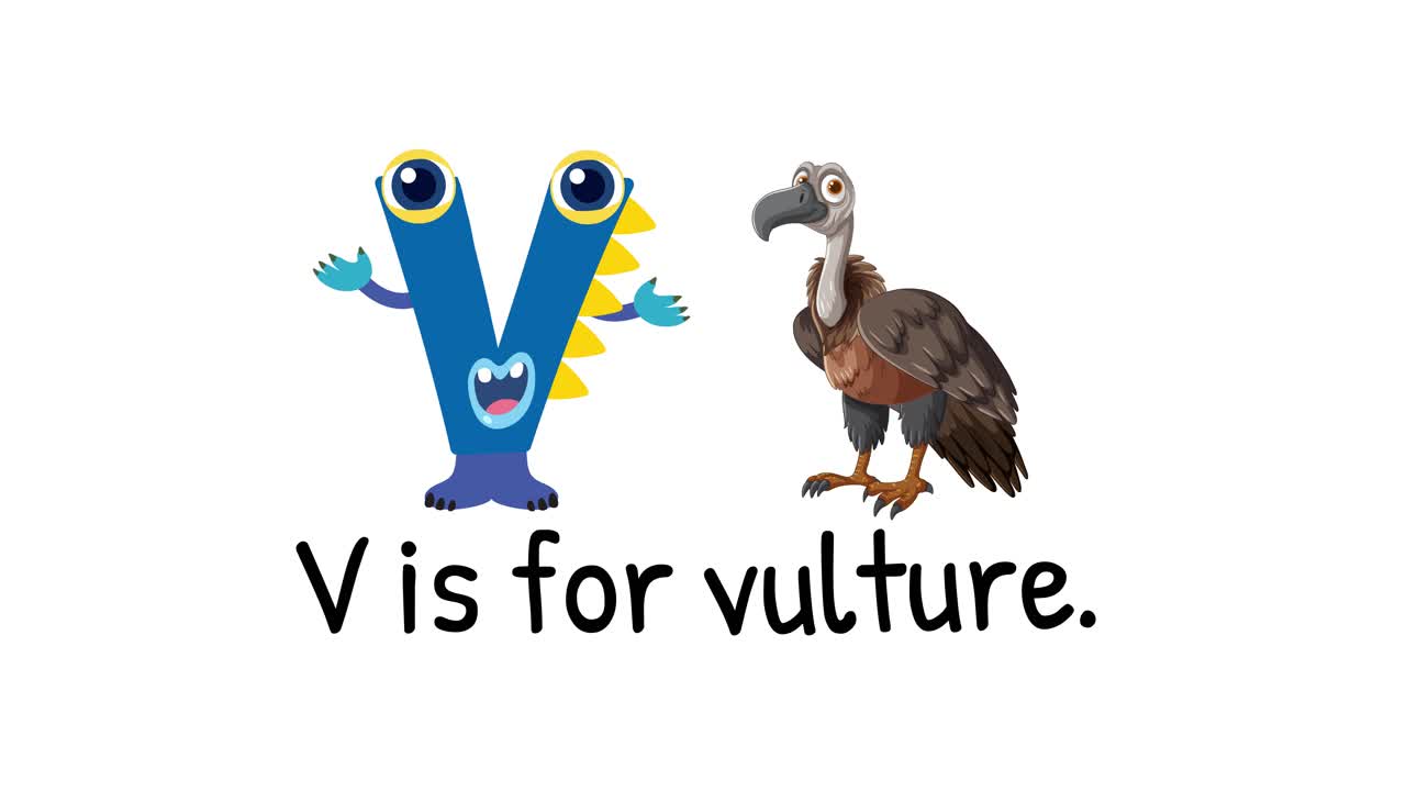 Playful animation of letter V transforming into a character with a vulture, emphasizing letter recognition and animal association
