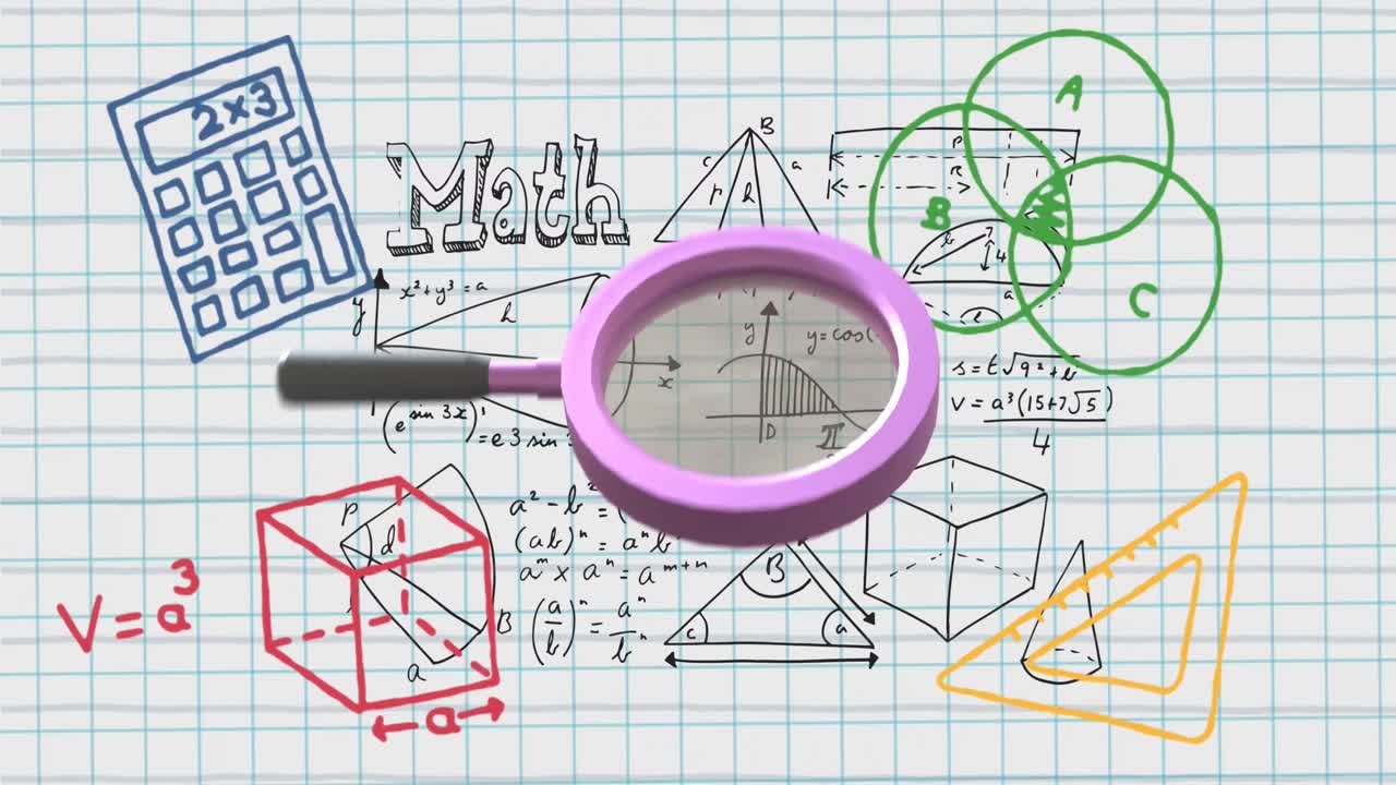 Animation of magnifying glass over mathematical data processing