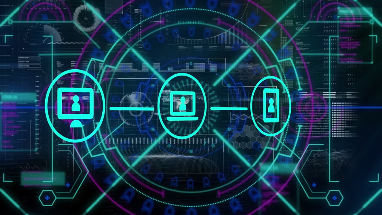 animación de iconos tecnológicos en una pantalla digital