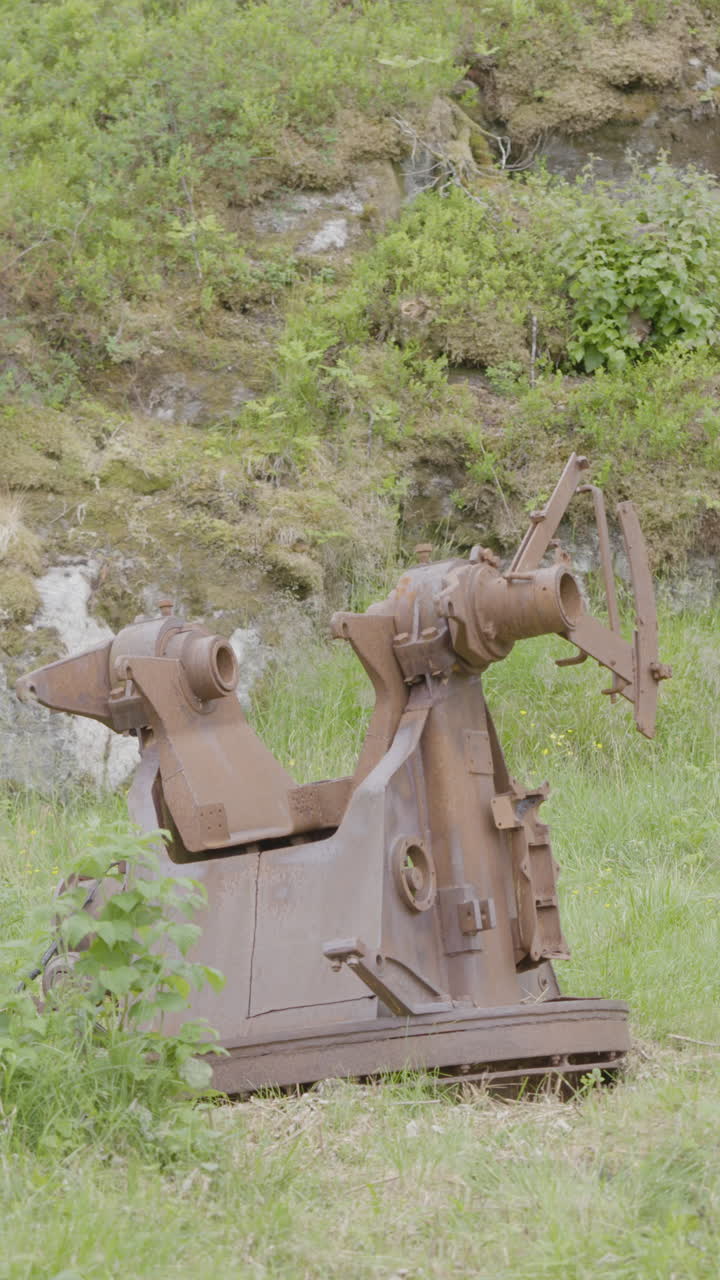A vertical shot of an old, rusted artillery mount left in nature, surrounded by grass and moss-covered rocks.