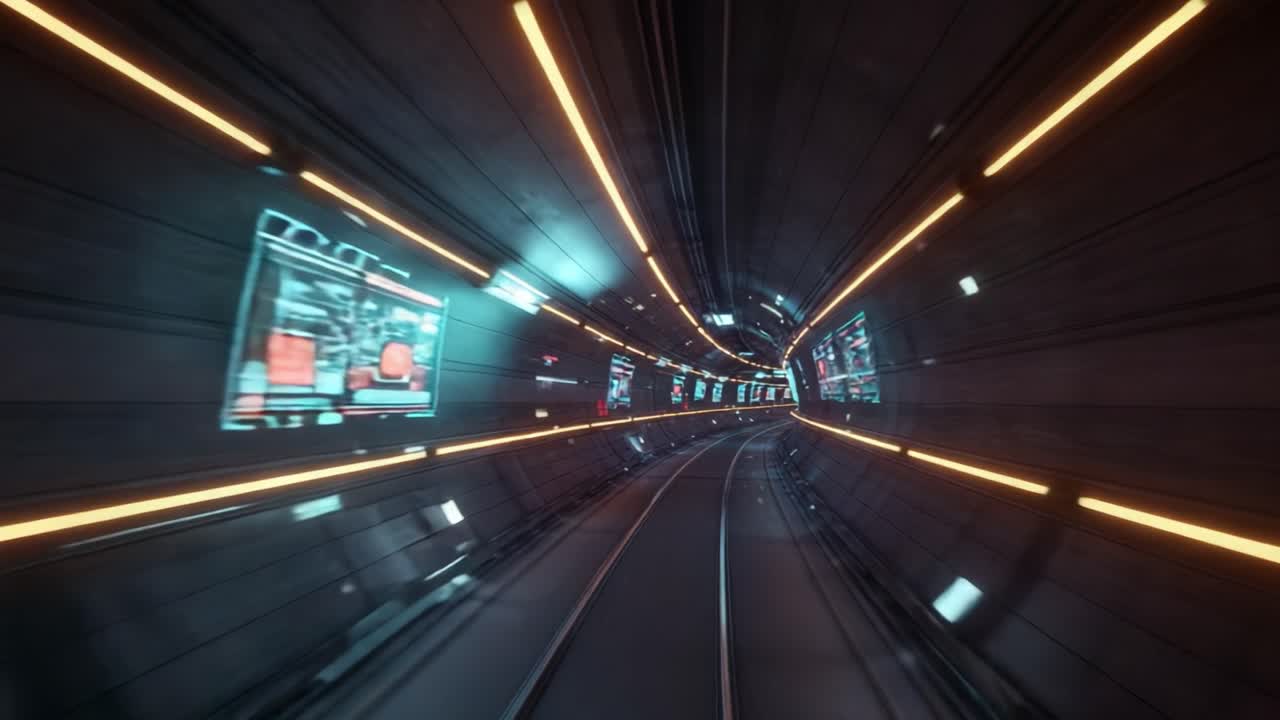 A journey through an advanced tunnel characterized by glowing lights and illuminated digital displays. The environment features sleek, high-tech designs with various colorful screens showcasing dynamic visuals. The curved path leads deeper into a modern landscape, evoking feelings of speed and innov