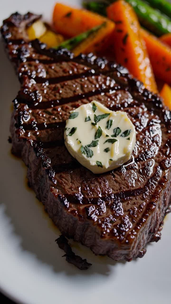 Close-up, top-down angle of a grilled steak topped with herb butter, paired with vegetables