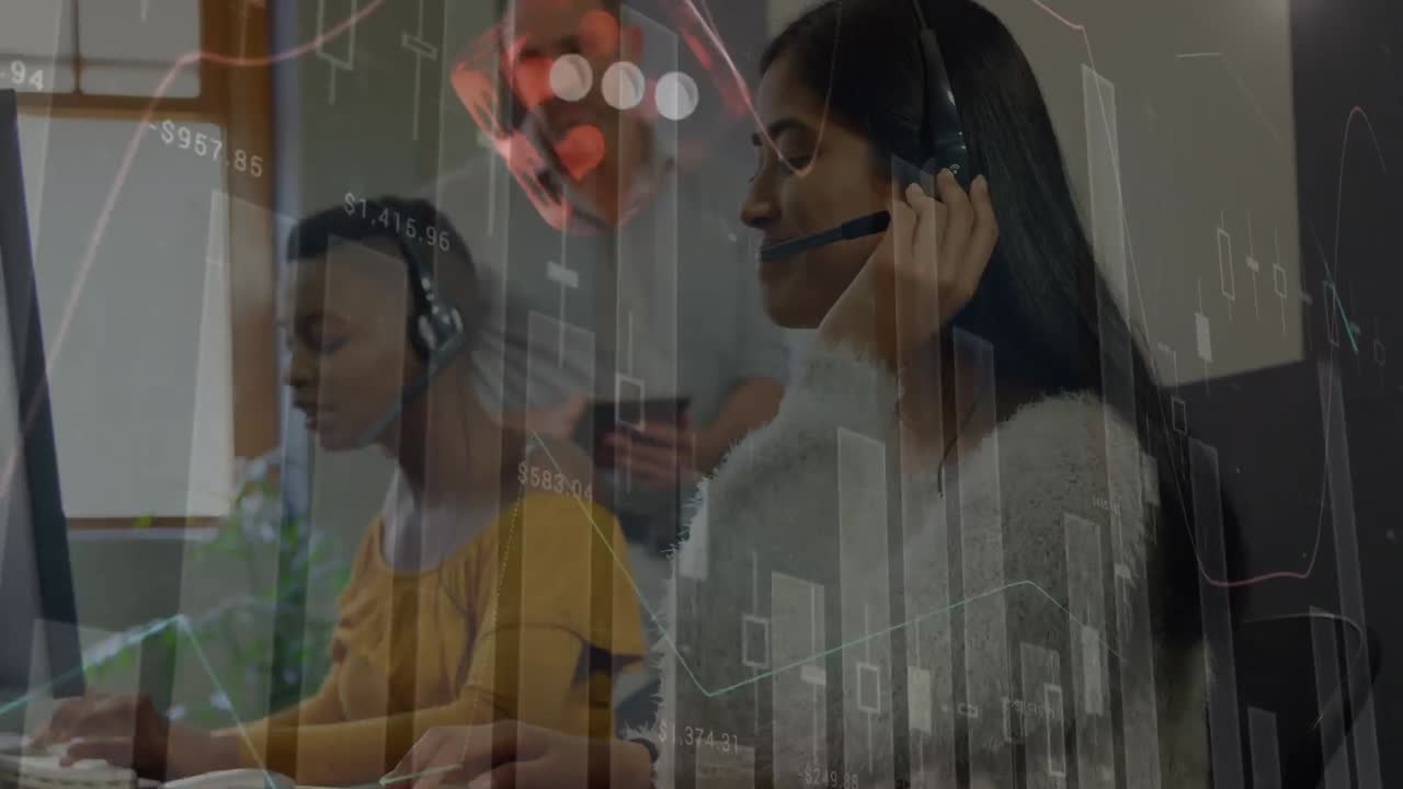Animation of graph, dices over caucasian businessman discussing with female colleague in call center