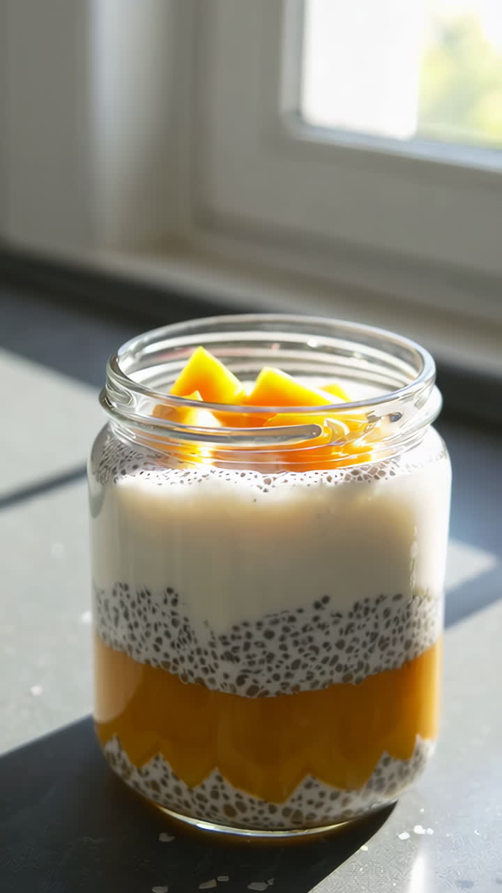 Budino di semi di chia al mango a strati in un barattolo