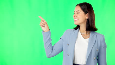 Business-woman,-face-and-pointing-with-green