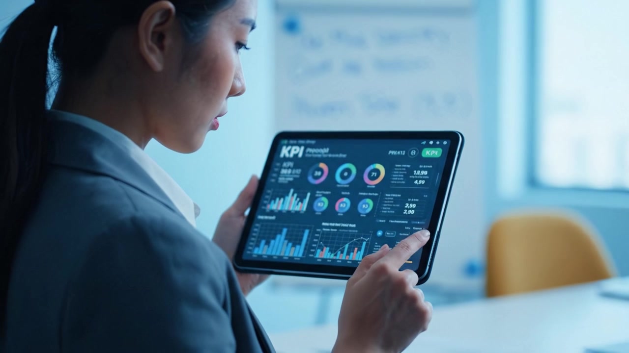 Professional Woman Analyzing Data on a Tablet, Focusing on Key Performance Indicators and Graphical Metrics in a Modern Office Environment