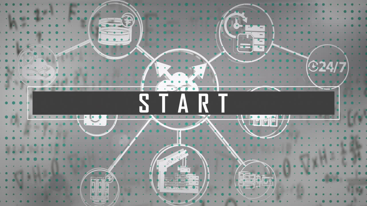 Animation of interconnected icons with START text on digital interface background