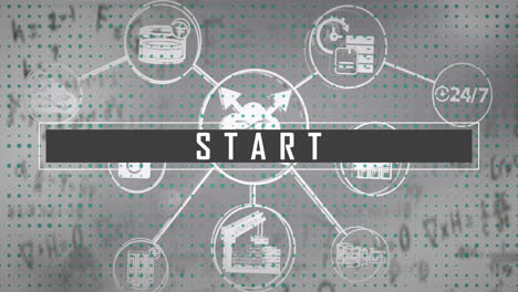 animation of interconnected icons with start text on digital interface background