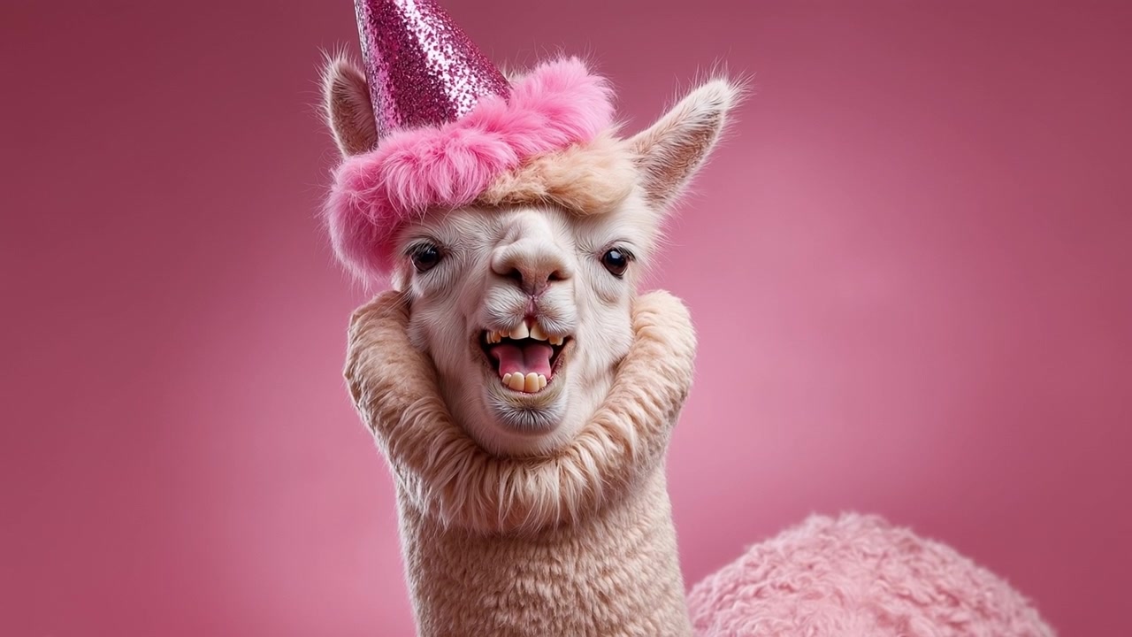 Divertente alpaca bianco con un cappello da festa rosa glitterato che mostra i denti su uno sfondo rosa.