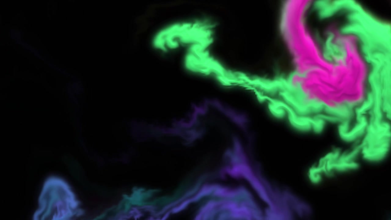 Vibrant swirls of neon colored smoke and fluid powder drift against a black background.