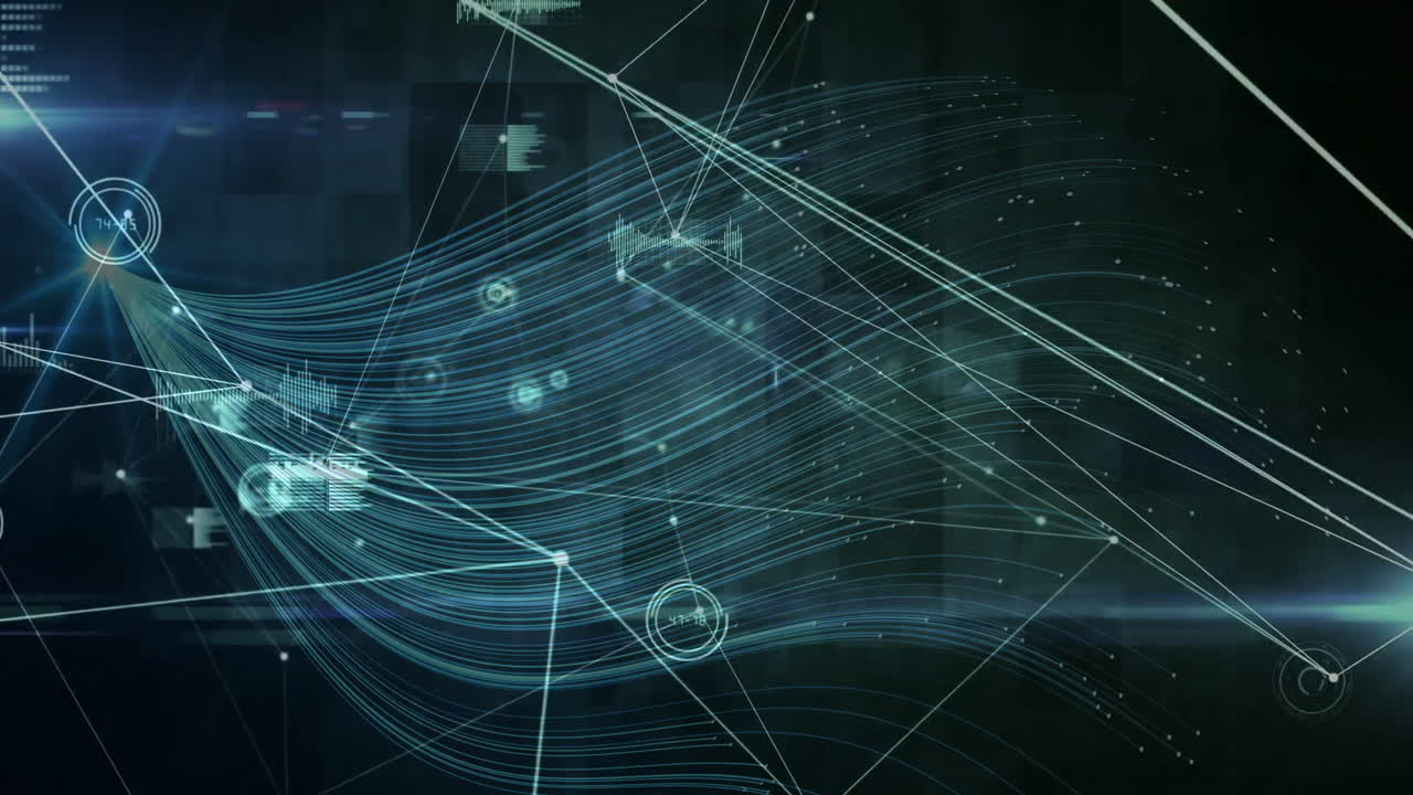 Animation of digital network with flowing lines and data graphs on dark background