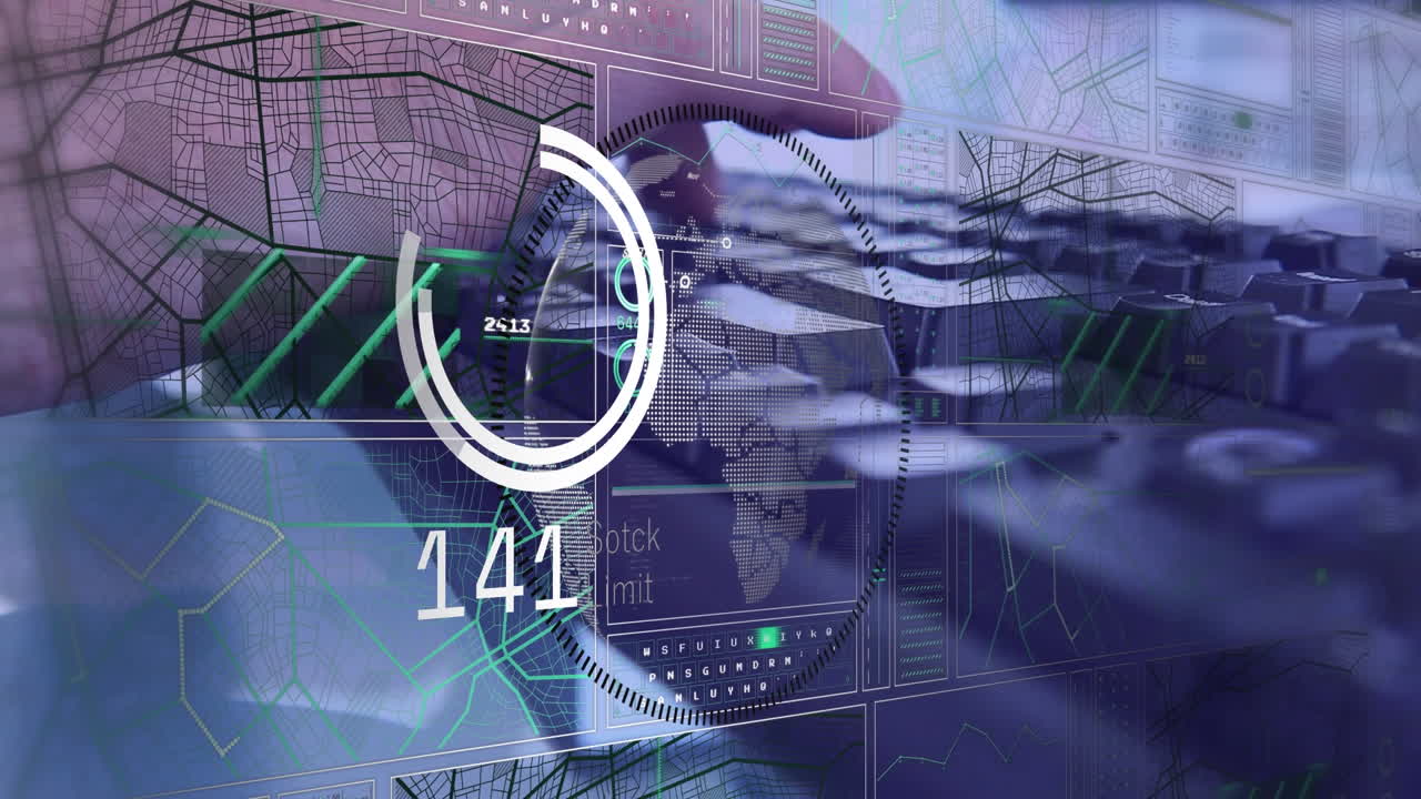 animación del procesamiento de datos financieros sobre el hombre caucásico usando el teclado de la computadora.