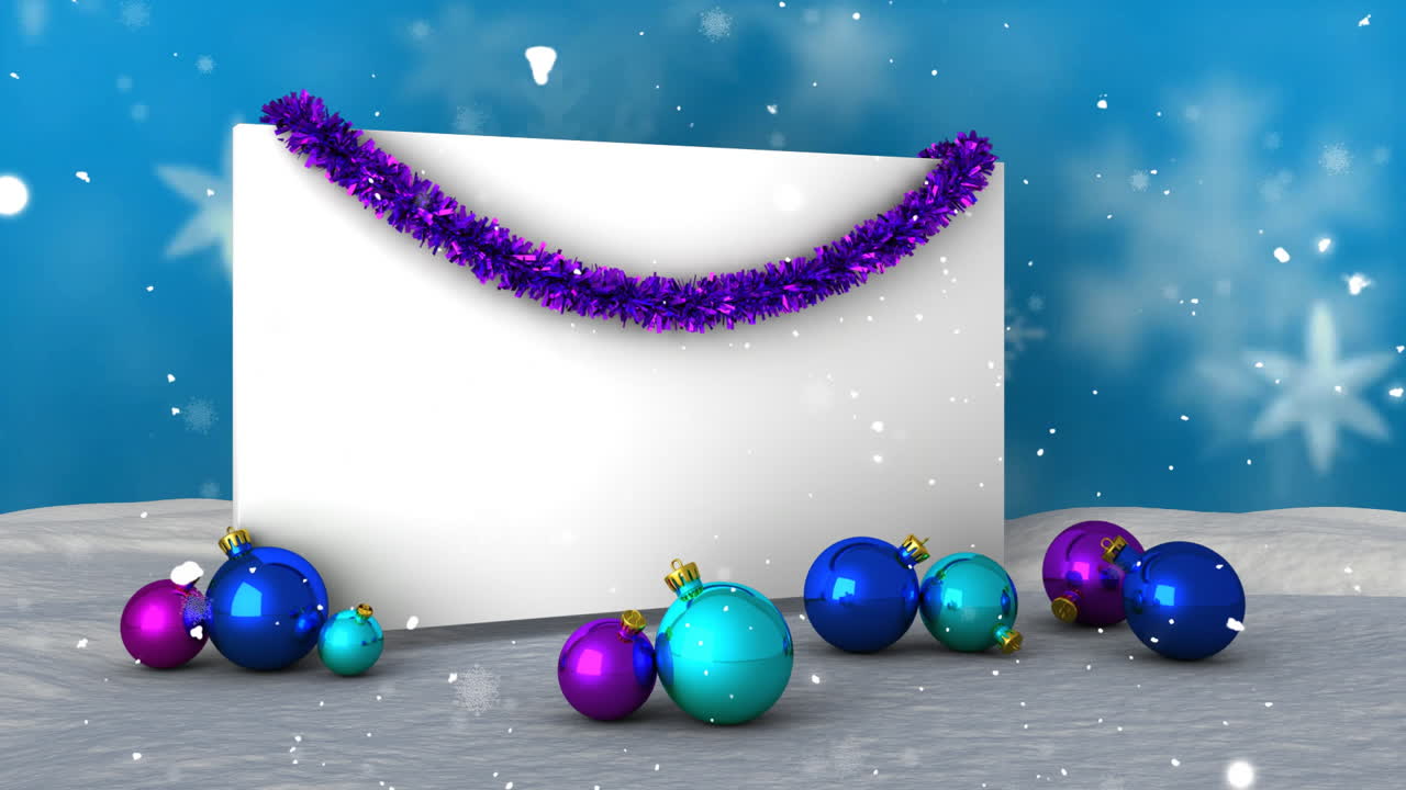 animación de tarjeta blanca con espacio de copia y nieve cayendo con bolas de navidad