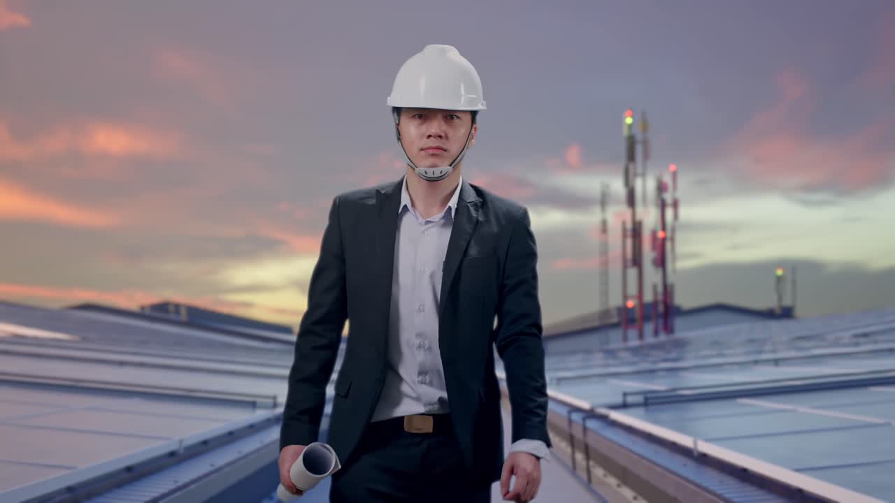 Vista frontal de empresário asiático segurando planta enquanto caminha em telhado industrial com painéis solares.