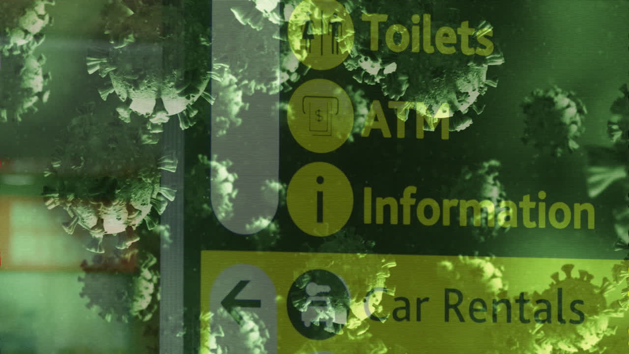 цифровое композитное видео клеток covid-19, движущихся против информационной доски аэропорта в фоновом режиме