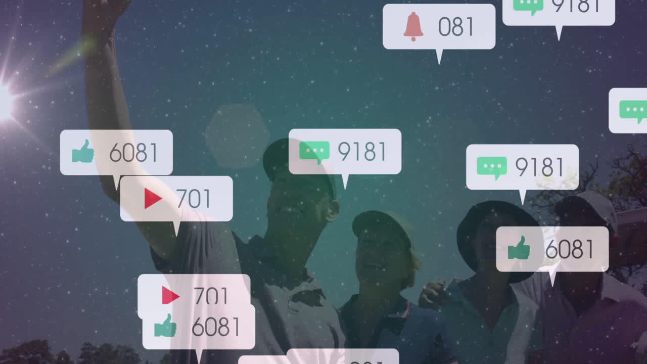 Taking selfie, people with animation of social media notifications in background