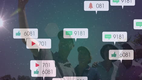 taking selfie, people with animation of social media notifications in background