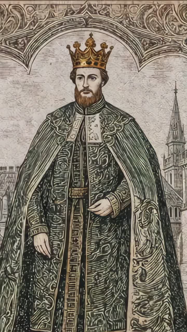 Vertical video: Zooming camera capturing medieval king under arch, with cape, jeweled crown, spire