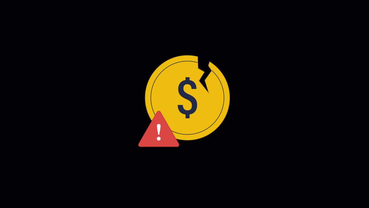 Ilustración animada de una moneda de un dólar rota con señal de advertencia