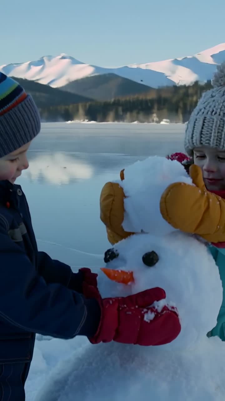 Vertical video: Siblings leaning toward snowman at lake pressing carrot nose, placing coal eyes