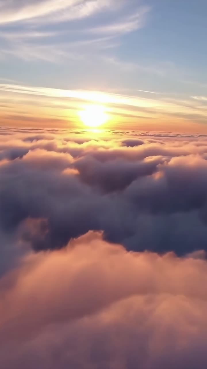 Vista aerea in video di una serena alba sopra soffici nuvole, che cattura una tranquilla scena del cielo