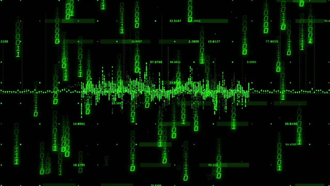 Animation of binary coding and data processing over black background