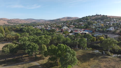 aerial: drone tracking slowly around gundagai town, nsw australia