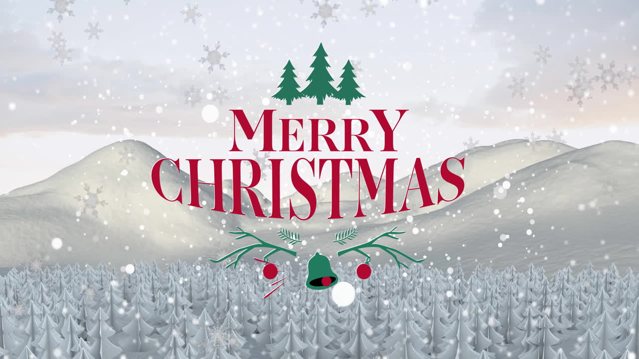 메리 크리스마스 텍스트와 겨울 풍경에 눈이 떨어지는 애니메이션