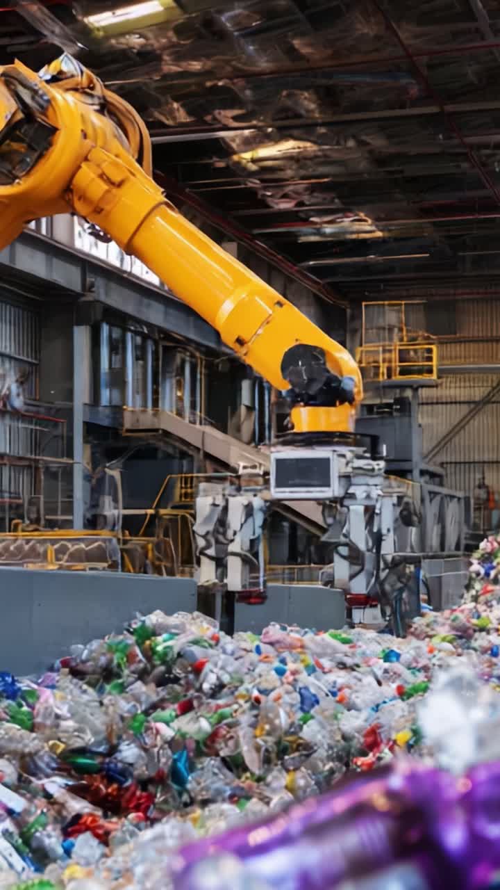 Automated Recycling Process: Robotic Arm Sorting Through a Pile of Plastic Waste in a Waste Management Facility for Efficient Recycling Solutions