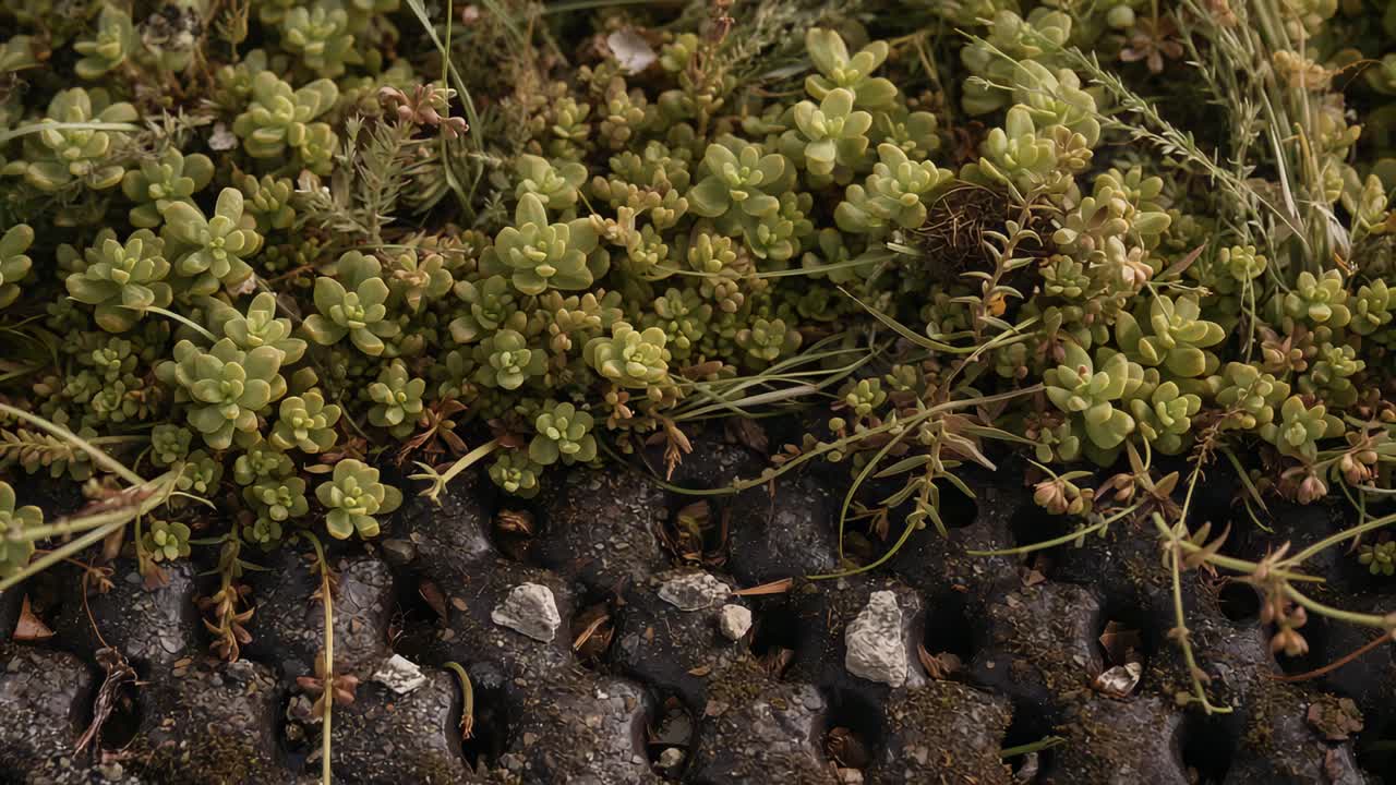 カメラアングルをシフトして、プランター内の低い多肉植物のロゼットを露出し、穴あきマットと砂利を見せる。