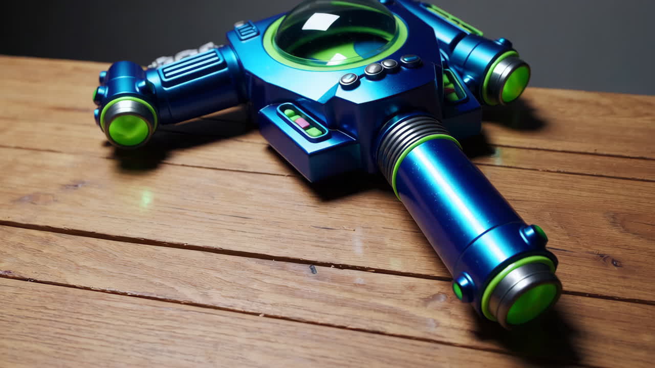 Hands reaching for a futuristic toy blaster