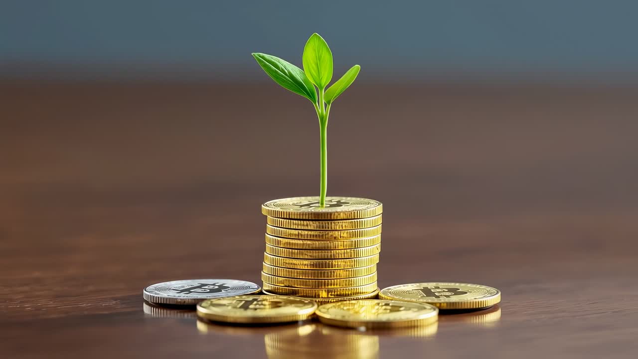 Growing sprout opening leaves on gold coin stack on wood table, timelapse showing silver coin left