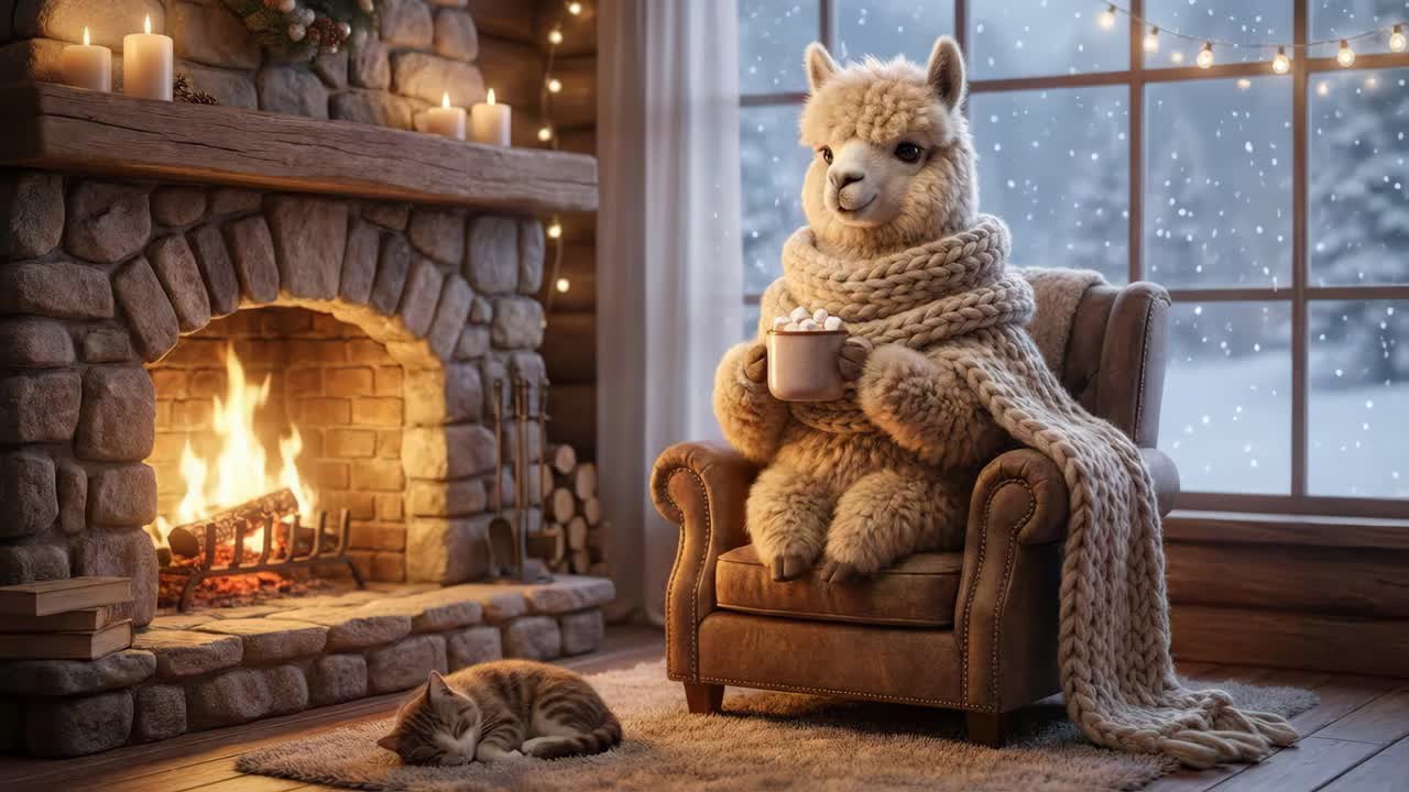 Alpakka kodikkaassa talvimaisemassa takan äärellä