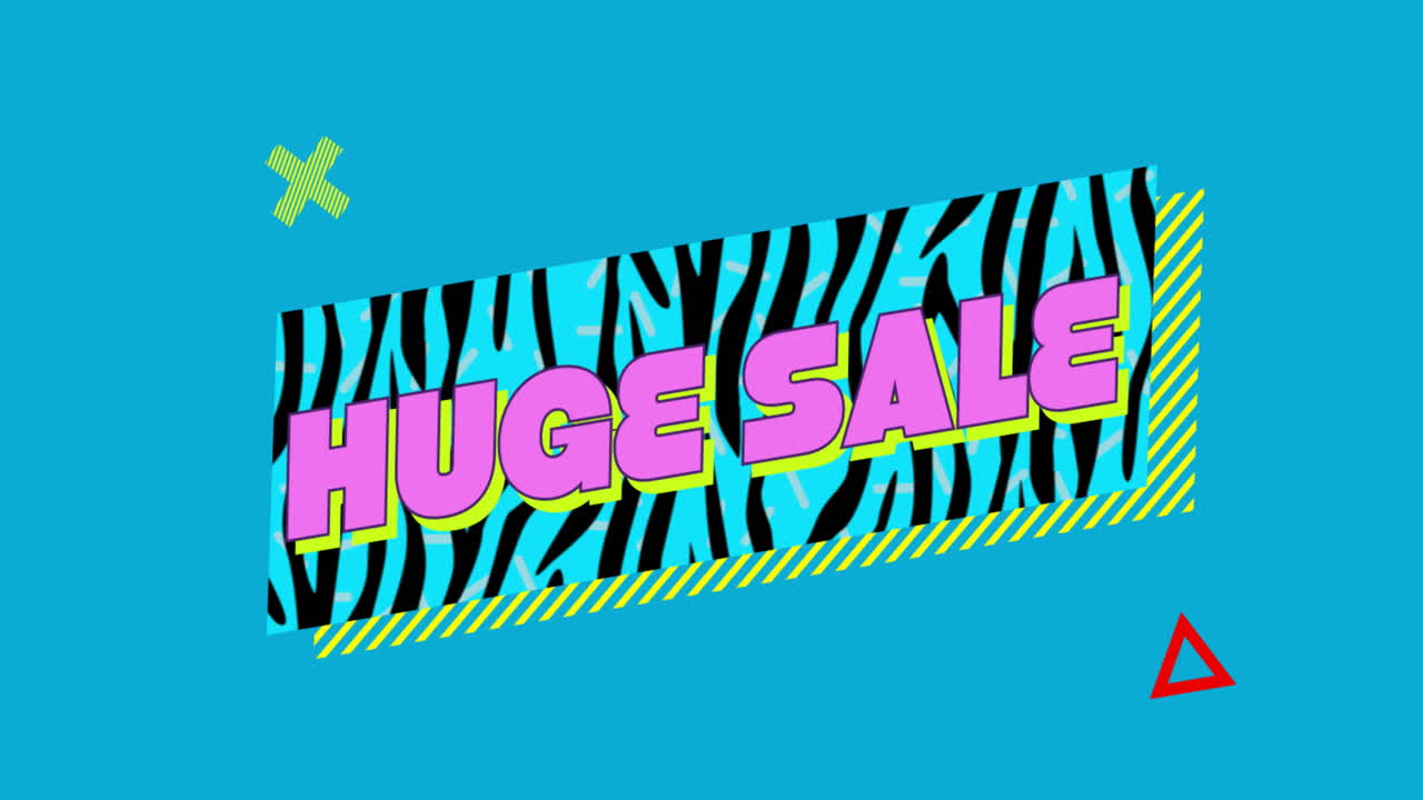 다채로운 제브라 패턴의 배경 위에 거대한 텍스트 애니메이션을 판매합니다.